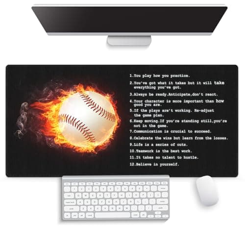 knseva Large Gaming Mouse Pad (31.5" x 15.8")- Fantasy Baseball with Flame Inspirational Quote Wisdom for Success in Life & Sport, Extra XXL Office Accessories, Premium Stitched Anti-Slip Desk Mat