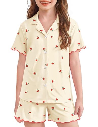 Arshiner Girls Pajamas Button Down Short Set Cute Pjs Soft Sleepwear Loungewear Yellow Cherry 9-10 Years