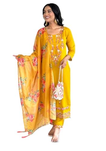 Indya Mustard Embroidered Silk Blended A Line Kurta Set for Haldi | 3/4 Sleeve | Indian Ethnic Wear