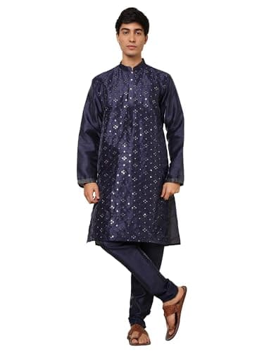 ITOS365 Men's Tunic Art Silk Kurta Pajama Pyjama Set Wedding Indian Clothing Casual Party Dress Gifts Items Blue Medium