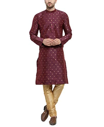 Sojanya (Since 1958 Men'S Silk Blend Wine Kurta & Gold Churidar Pyjama Set, Size 36
