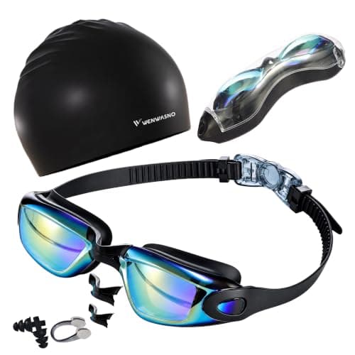 Wenwasno 5 in 1 Swim Goggles & Swim Cap for Men Women,Waterproof,Anti-Fog,UV-resistant,Swimming goggles,swimming cap,nose clip,ear plug,and storage box set