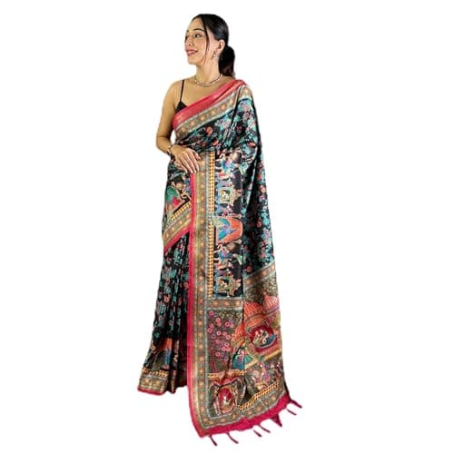 Black Soft Silk Saree for Women with Kalamkari Print & Contrast Border | Traditional Festive Ethnic Wear Saree
