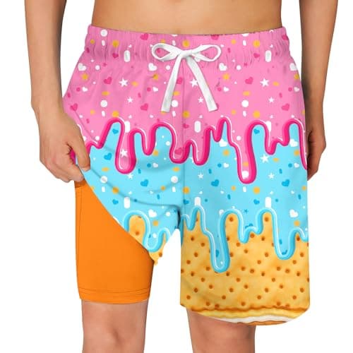 Cozople Boy's Yellow Ice Cream Graphic Swimming Trunks Compression Boxer Brief Liner Swim Shorts Anti Chafe Swimsuit Bathing Suit for Big Boys No Mesh Lining Beach Board Shorts with Pockets