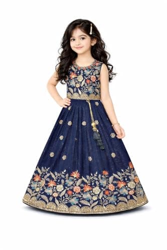 disson Girls Navy Blue Embroidered Anarkali Gown, Floral Pattern, Sleeveless, Party Wear South Indian (US, Age, 7 Years, 9 Years)