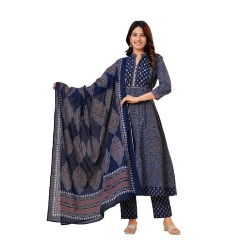 DHAKA Women's Pure Cotton Anarkali Kurti Pant Dupatta Set | Printed Ethnic Suit Set for Festive, Party & Evening Wear, (Navy Blue, Medium)