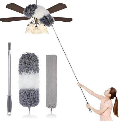 Microfiber Dusters for Cleaning,100" Professional Extension Pole Duster Kit with 2 Washable Bendable Heads,Cobweb Remover & Feather Duster for High Ceilings,Ceiling Fans,and Hard-to-Reach Areas,3PCS