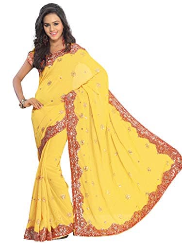 Indian Trendy Women's Bollywood Sequin Embroidered Sari Festival Saree Unstitched Blouse Piece Costume Boho Party Wear (Yellow)