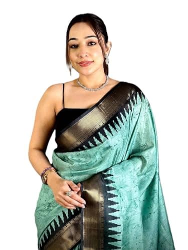 Indian Women's Graceful_Kalamkari Dola Silk Saree Unstitched Blouse Piece Partywear/Wedding Indian Gift Item Pack Of 1 (Sea Green)
