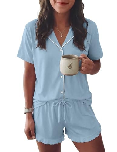 Ekouaer Womens Pajama Sets Button Down Short Sleeve Top and Shorts Cute Pjs Sets Sleepwear Sky Blue