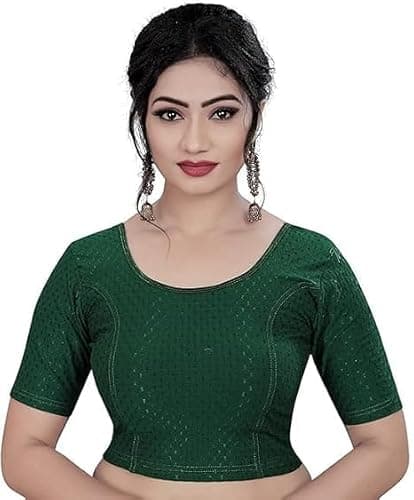 AL KASEEN Round Neck Dobby Cotton Lycra Stretchable Elbow Sleeve Readymade Saree Blouse for Women Stylish (Bottle Green, 38-42)