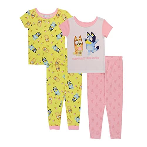 Bluey unisex-child 4-Piece Snug-fit Cotton Pajama Set, Soft & Cute for Kids, HAPPY DAY, 2T