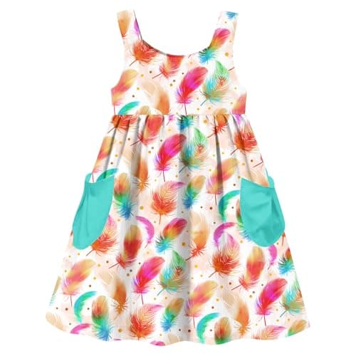 Kimoda 4t 3t Toddler Girls Cute Dress Summer Sleeveless Dress with Pocket Casual Colorful Feathers Print Party Sundress