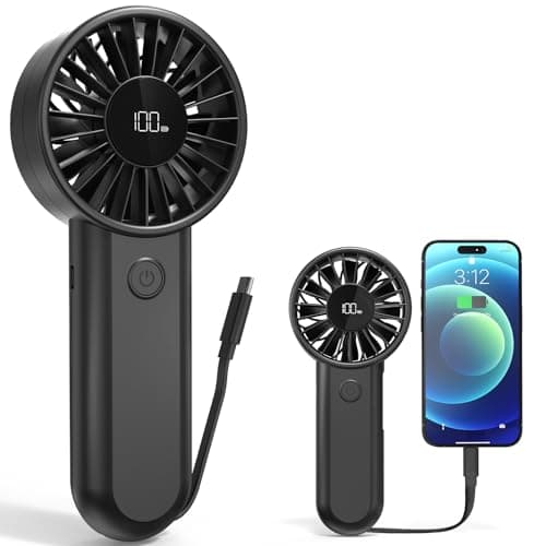 AMACOOL Handheld Fan Rechargeable, Built-in Type-C Cable, 5-Speed Personal Fan with LED Display, Max 12H Runtime, Portable Fans for Travel Outdoor Cruise Makeup, Gifts for Women Stylish Girl (Black)