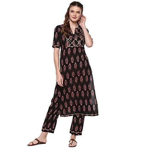 Idalia Womens Black Printed Cotton Kurta Set (S)