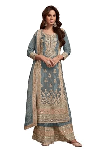 STELLACOUTURE Eid festival ready to wear salwar kameez embroidered indian traditional wedding shalwar suit for women 2798-O (Grey, 42)