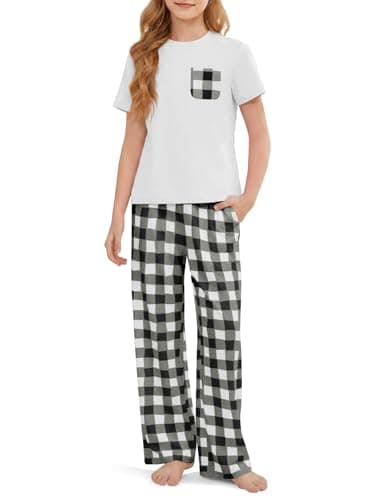 rrhss Girls Pajama Sets Kids Short Sleeve Tops and Plaid Long Pants PJS Sleepwear Soft Lounge Set 5-14 Years White
