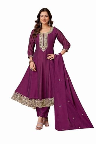 Vedant Vastram Women's Roman Silk Embroidered Stitched Salwar Kameez Dupatta Set (Kaveri-Wine-XL)