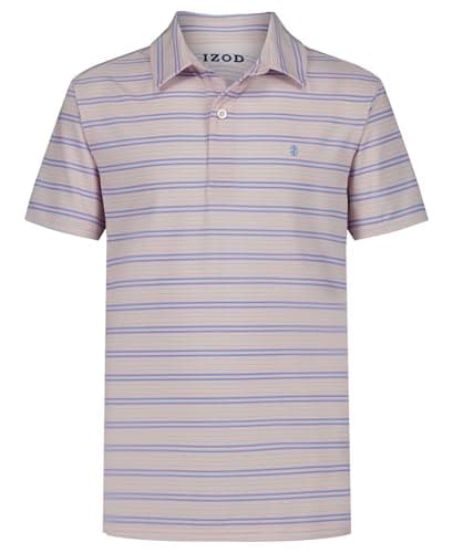 Izod Boys' Performance Golf Grid Short Sleeve Stretch Collared Polo Shirt, Rose Shadow Stripe, 8