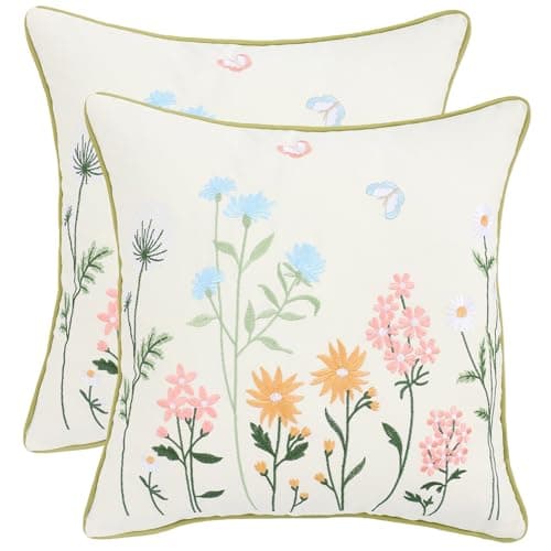 Tosleo Floral Pillow Covers 18 x 18 Pack of 2 Vintage Butterfly with Flowers Embroidered Throw Pillow Cover Farmhouse Pillow Cushion Cases Spring Summer Decorative Pillowcases Square Decor Pillow Case