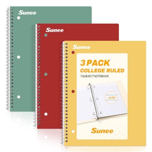 SUNEE Spiral Notebooks, 3 Pack, 1-Subject, College Ruled Paper, 8" x 10-1/2", 70 Sheets per Notebook, Assorted Colors Spiral Notebooks for School (Yellow, Red, Sage Green)