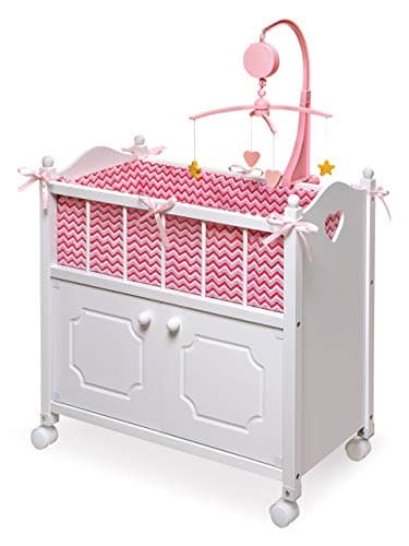 Badger Basket Wooden Toy Doll ...White with Pink Chevron Fabric