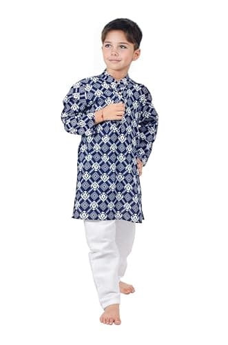 Chandrakala Kids Kurta Set for Boys Indian Printed Ethnic Wear, Blue White, 5-6 Years (KK120BLU7)