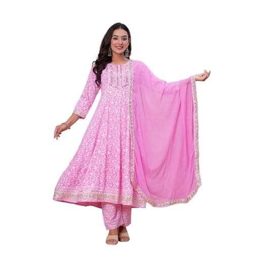 Women’s Cotton Anarkali Kurta Set | Floral Printed Long Kurti with Pant & Dupatta | Ethnic Wear for Festive, Casual & Daily Use (Large, Pink)