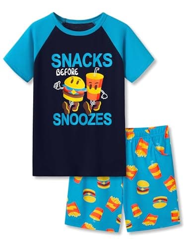 Beezizac Little & Big Pajamas For Boys Blue Snacks Cool Comfy Short Sleeve Soft Kid 2-Piece PJ Set Summer Size 16 Husky