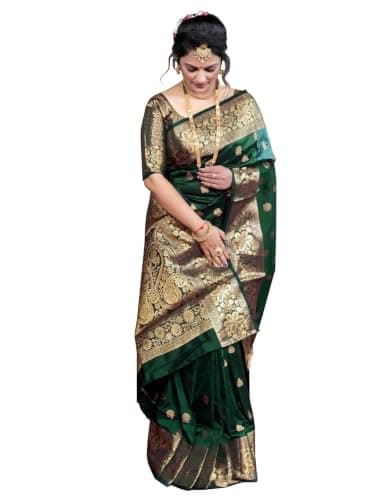 Mirraw Women's Green Banarasi Silk Saree with Gold Zari Work | Woven Design Festive Ethnic Wear | Traditional Silk Saree with Blouse