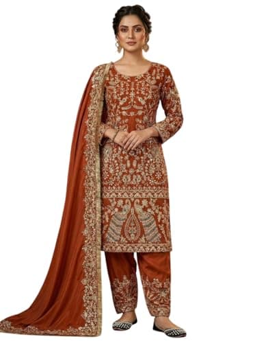 Women's Rust Orange Embroidered Salwar Suit with Dupatta, Floral Peacock Design, Ethnic Wear (US, Numeric, 46, Regular, Regular, Rust orenge)