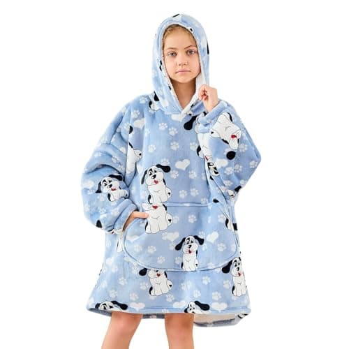 Wearable Blanket Hoodie for Kids 6-13Y Oversized Hooded Thick Sherpa Blanket with Sleeves Pocket, Animal Blue Dog