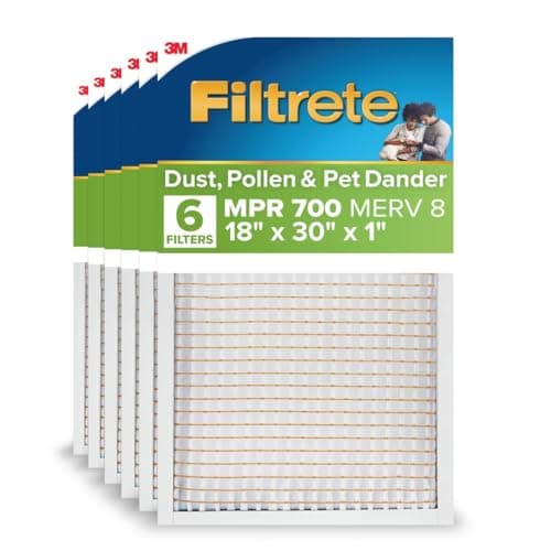 Filtrete 18x30x1 AC Furnace Air Filter, MPR 700, MERV 8, Tough on Pollen, Easy on Airflow, 3-Month Pleated 1-Inch Electrostatic Air Cleaning Filter, 6-Pack (Actual Size 17.81 x 29.81 x 0.81 in)
