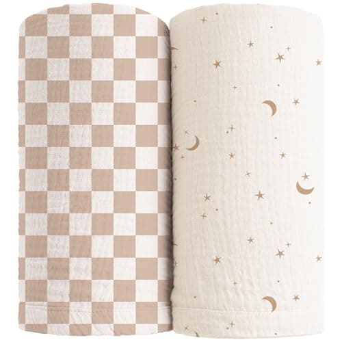 Konssy Muslin Swaddle Blankets for Girls Boys 2 Pack, 100% Cotton Receiving Baby Blanket Large 47 x 47 inches, Soft Breathable Swaddling Wrap for Unisex Newborn (Coffee Check,Moon)