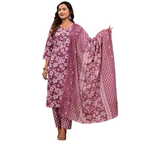 Women’s Pure Cotton Floral Printed Straight Kurta Set with Pant & Dupatta – Lightweight Indian Ethnic Wear Kurti for Casual, Daily & Office Wear, Purple, XX-Large