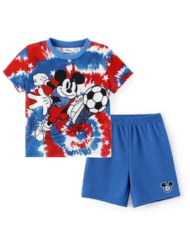 Disney Mickey Mouse Boys Short Sets Kids Beach Clothes World Cup Summer Birthday Party Outfit Blue T-Shirt & Shorts Set Soft Little Boy Clothing Breathable Sweatsuit Back to School Apparel 4-5 Years