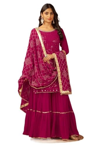 FASHION FRONTIER Beautiful Chinnon Punjabi Style Sharara Suit For Women Ready To Wear Salwar Kameez With Dupatta (US, Alpha, Medium, Regular, Regular, Hot Pink)