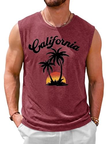 Runcati Mens Casual Tank Tops Palm Tree Graphic Print Sleeveless Shirt Workout Muscle Hawaiian Summer Beach T Shirts Burgundy