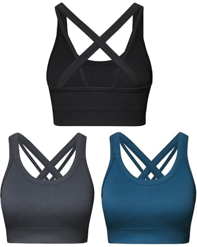 Sports Bras for Women HIigh Support, Criss-Cross Back Padded Strappy High Impact Sports Bras for Women Large Bust(0001_Black+Grey+Marine Blue_M)