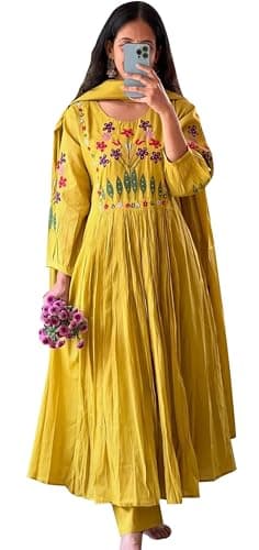 TRAFAART Women's Cotton Kurta and Pant Set Indian Embroidered A-Line Kurti Pants With Dupatta (Yellow-X-Large)
