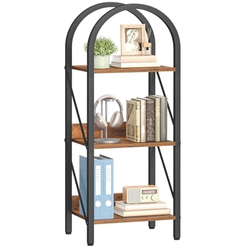 HOOBRO Bookshelf, 3-Tier Arched Bookshelf, Industrial Bookcase with Metal Frame, Book Shelf Storage Organizer for Living Room, Office, Bedroom, Rustic Brow and Black BF423SJ01