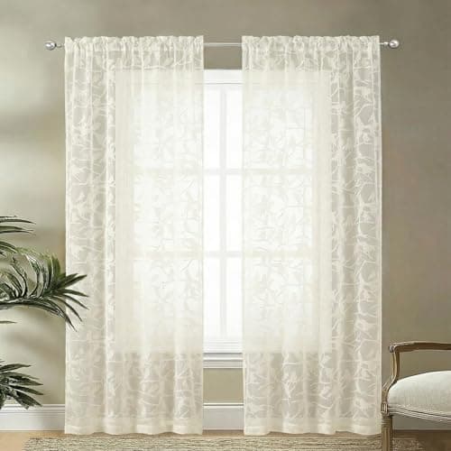OVZME Ivory Sheer Curtains 72 Inches Long 2 Panels Set, Voile Soft Airy Bird Leaf Jacquard Textured Elegant Sheer Curtains for Living Room Bedroom Door Window, Dual Rod Pocket Drapes, 2x42Wx72L Inches
