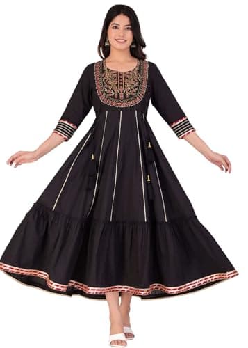 JG JAI GOVINDAM Cotton Anarkali Indian Kurti for Women Pakistani Wedding/Party Wear Designer Style Anarkali Suit for Women (US, Alpha, Large, Regular, Regular, Black)