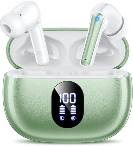 Wireless Earbuds Deep Bass Sound Ear Buds, Bluetooth 5.3 Headphones 48H Playtime, LED Display Earphones with Mic, IPX7 Waterproof Lightweight in-Ear Buds, Touch Control for iPhone TV Laptop Green