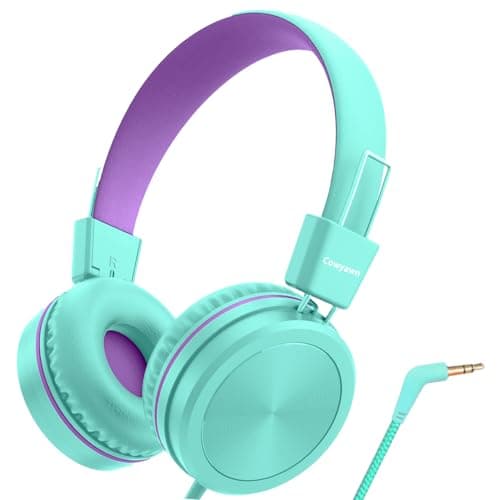 Cowyawn Kids Headphones, Toddler Headphone with Safe Volume Limiter 94dB, Wired School Headphones for Kid, 3.5mm Adjustable On-Ear Headphone for Boys/Girls/Children/Teens/iPad/Computer, Purple Green
