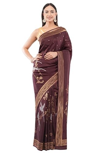 Women’s Raspberry Silk Saree with Silver Bird Motif & Gold Floral Design – Elegant Traditional & Party Wear