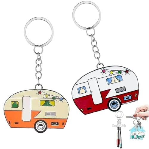 TrustBlai Double-Sided RV Camper Keychain, 2 Pack Retro Travel Trailer Metal Key Ring for Women Men, Durable Camping Gear Accessories for Backpack Purse, Cute Couples Gift Set