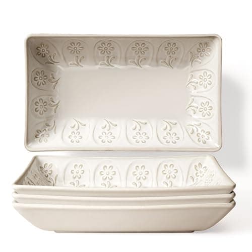 Artena 8.25" Ceramic Rectangle Plates Set of 4 - Deep Lipped Edges, Appetizer Salad Sushi Pasta Dessert Plates, Microwave/Oven Safe, Cute Kitchen Dinner Restaurant Serving Dishes (Pinwheel Flower)