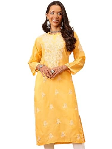 Ada Hand Embroidered Chikankari Yellow Cotton Kurta for Women A197517 (4XL)