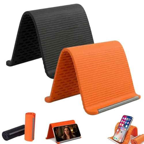 sprsum 2Pcs Silicone Phone Stand with Aluminum, Flexible Foldable Phone Holder for Long Travel Accessories, Universal Adjustable Anti-Slip Desktop Mount for Phone Tablet Laptop (Orange + Black)